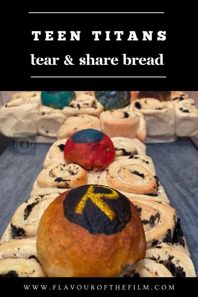 Teen Titans sharing bread Pinterest Pin image