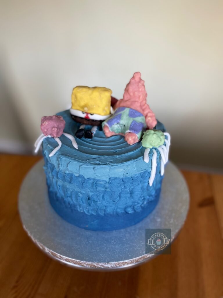 All images are of a chocolate and hazelnut cake with swirled blue ombre buttercream and topped with white chocolate covered Rice Krispie SpongeBob SquarePants and Patrick Star, alongside a couple of jellyfish. The characters are in their respective yellow and pink colours and are finished with fondant clothing that is hand painted.