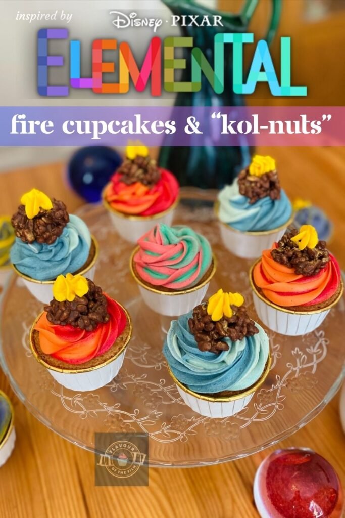 Elemental inspired fire cupcakes Pinterest Pin image.