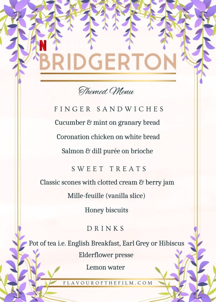 Bridgerton inspired party menu (text on the image listed below image).