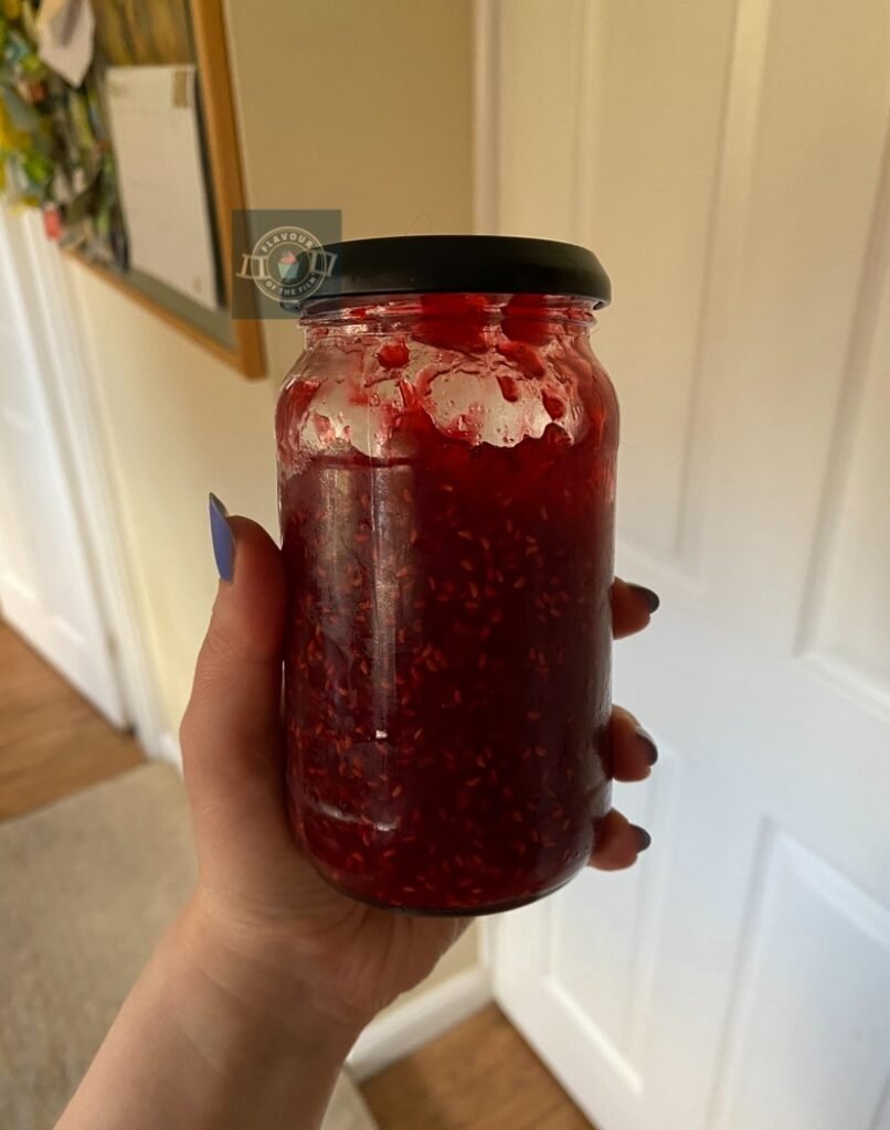 A jar of homemade raspberry jam.