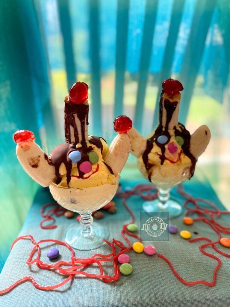 All images are of a vanilla ice cream sundae with two banana ends protruding from each side like arms, a piece of banana poking out of the top which are all topped with cherries, chocolate candy eyes and nose and strawberry lace mouth.