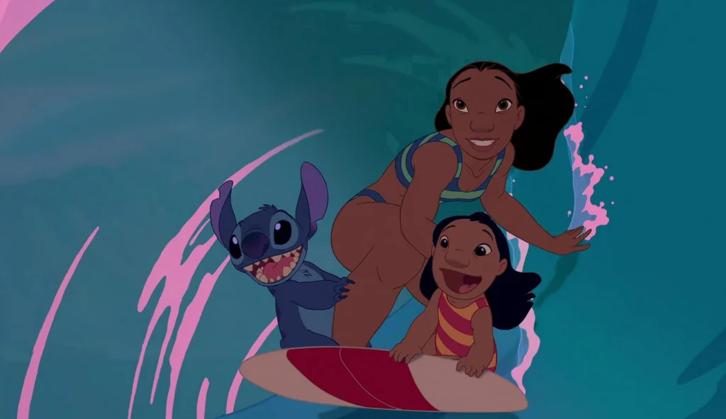 Nani, Lilo and Stitch surfing through the barrel of a wave.