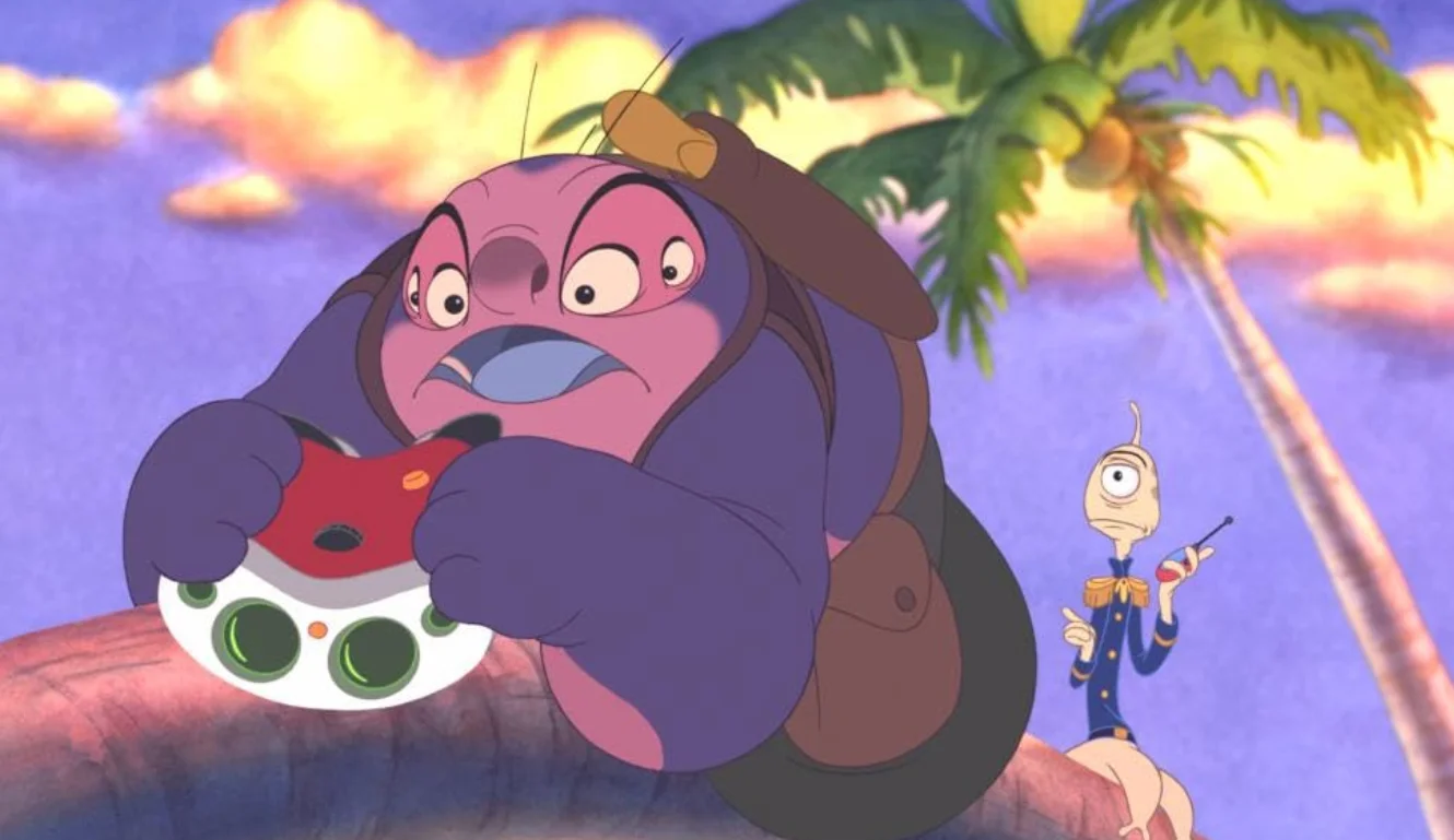 Jumba and Pleakley spying on Stitch whilst on a tree.