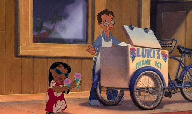 Lilo buying two pink coloured shave ice cones from Luki's shave ice cart.