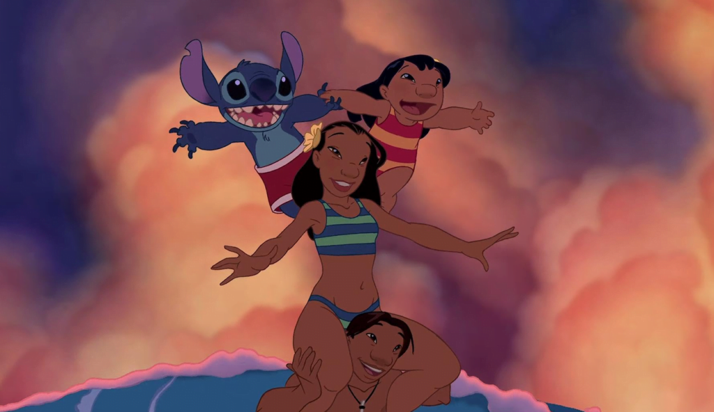 Nani on David's shoulders with Lilo and Stitch on her shoulders while they are surfing.