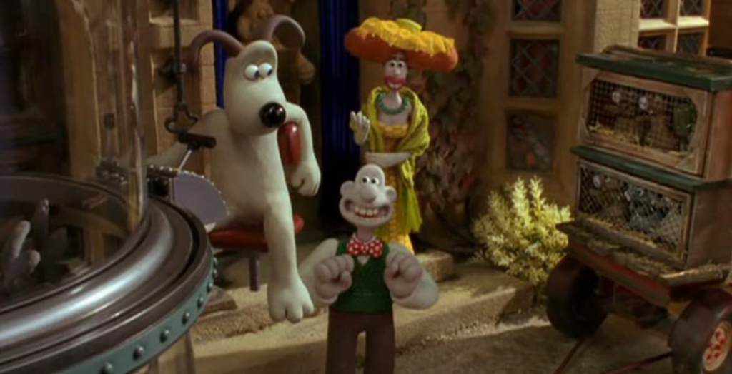 Wallace and Gromit helping clear Lady Tottington's land.