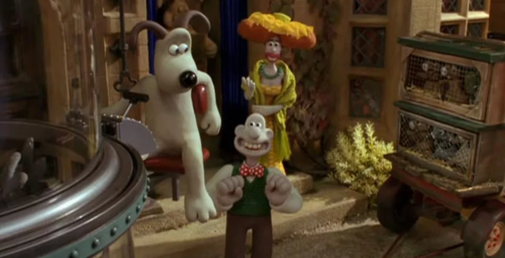 Wallace and Gromit helping clear Lady Tottington's land.