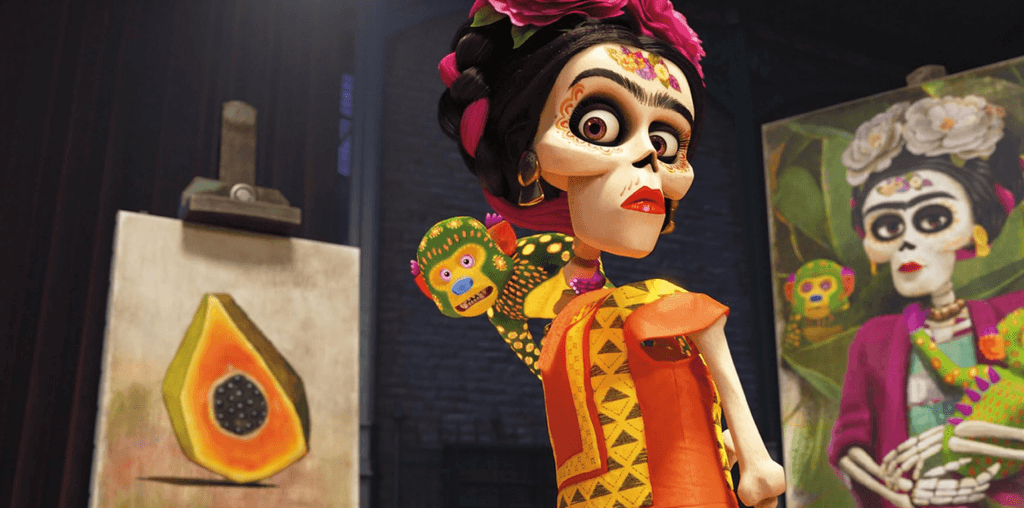 Coco version of Frida Kahlo in the land of the dead, preparing for her show.