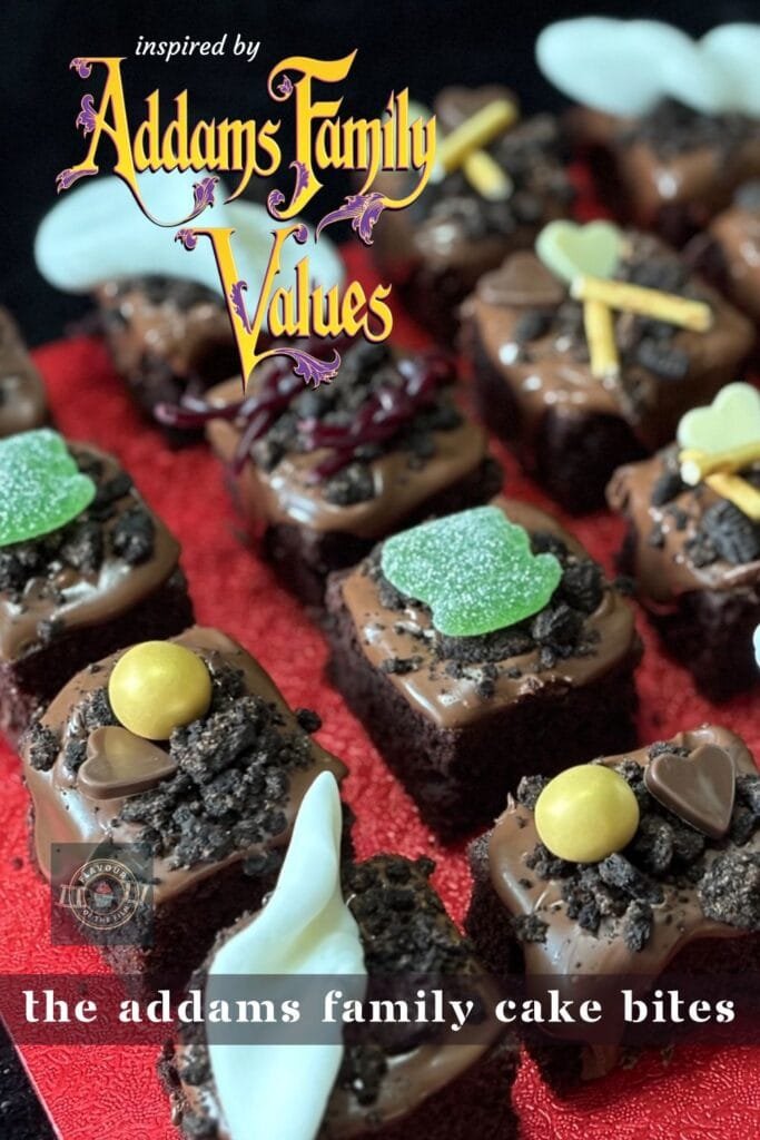 The Addams Family cake bites pin for Pinterest.