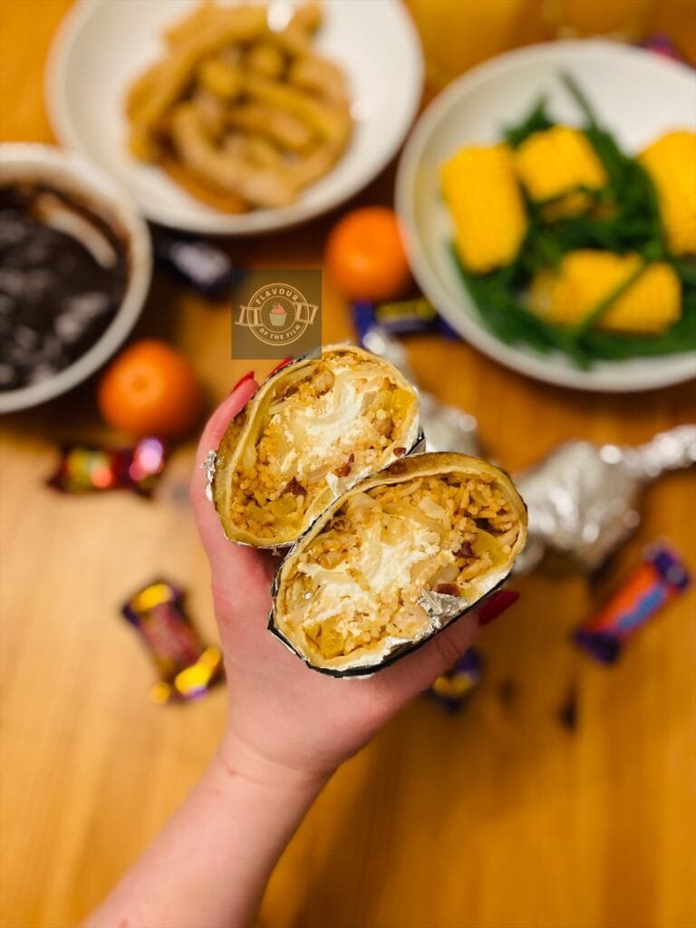 Burrito cut in half.