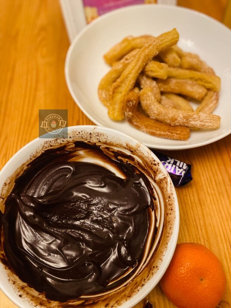 Both images are of homemade churros with chocolate sauce in a separate bowl.