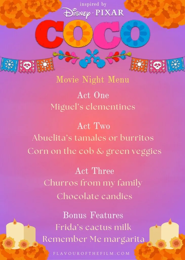 Coco inspired movie night menu graphic.