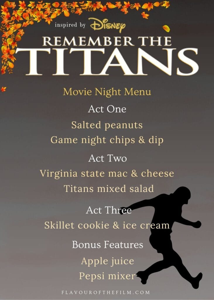 Remember the Titans movie night menu graphic. Text is written underneath.