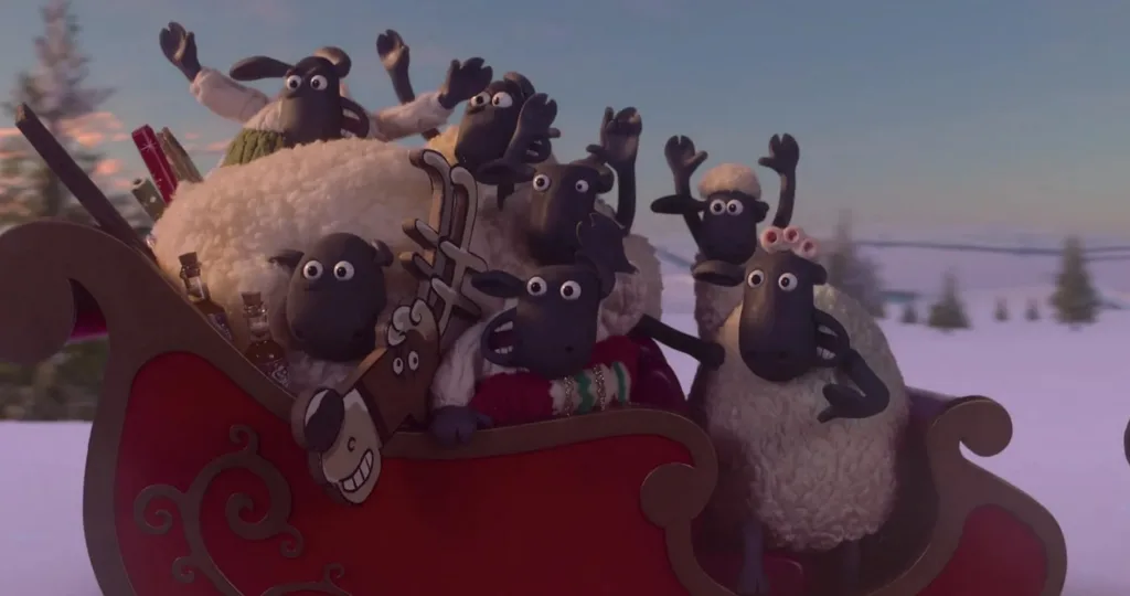 Shaun and his fellow sheep in a sleigh in motion.