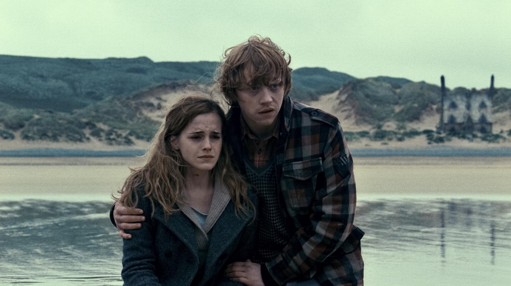 Ron holding Hermione on the beach after Dobby rescued them all from Malfoy Manor.