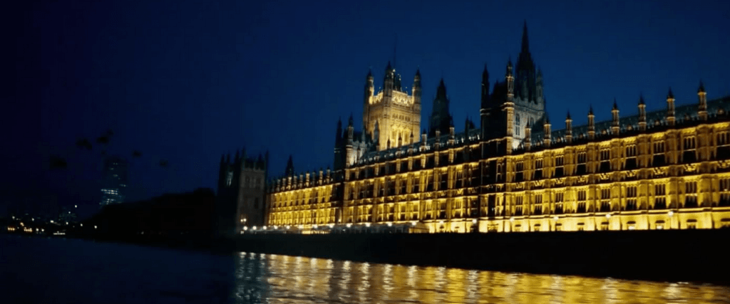 Harry and the Order flying through London, past the Houses of Parliament in Harry Potter and the Order of the Phoenix.