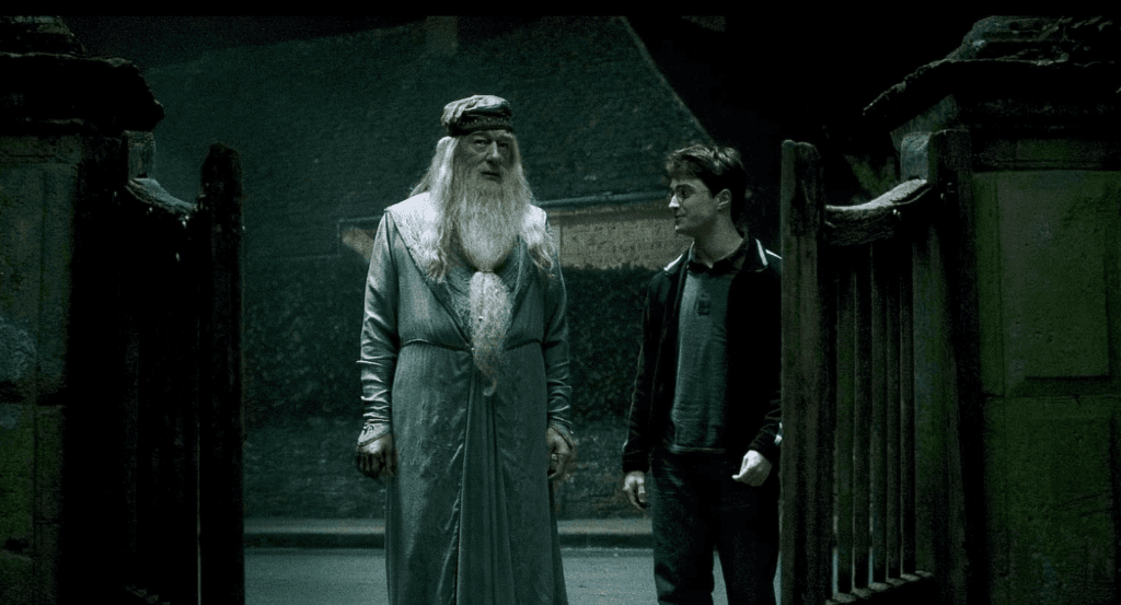 Dumbledore and Harry outside Slughorn's borrowed house.