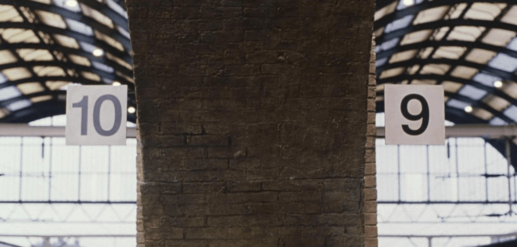 The wall between platforms 9 and 10 in King's Cross Station in Harry Potter and the Philosopher's Stone.