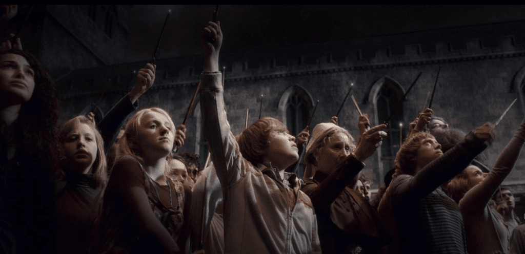 Shot during the raising of wands in Dumbledore's honour in Harry Potter and the Half-Blood Prince.