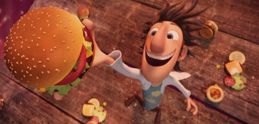 Burgers raining from the sky as Flint catches one.