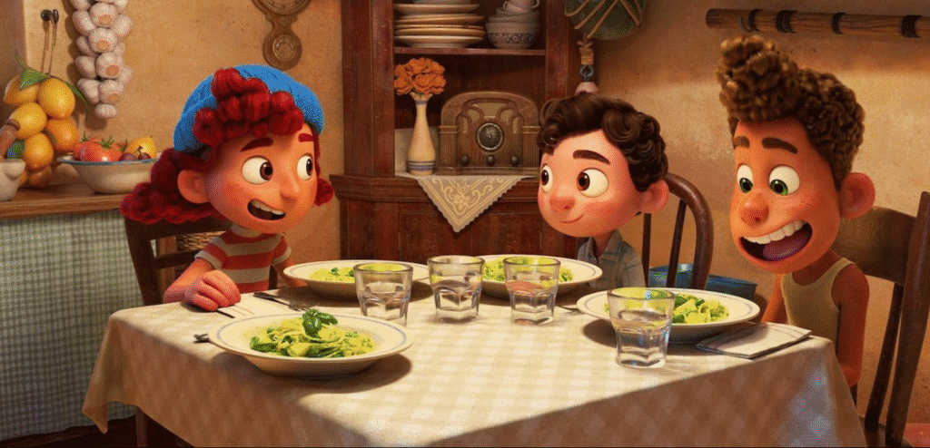 The main characters enjoying pasta at the dinner table.
