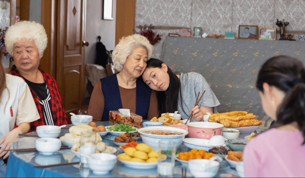 Billi and Grandma having a moment during a meal.