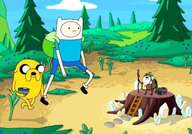 Finn and Jake approaching a small being on a tree stump with crystals around it.
