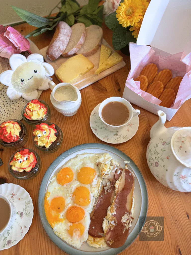 Full spread with floral props.