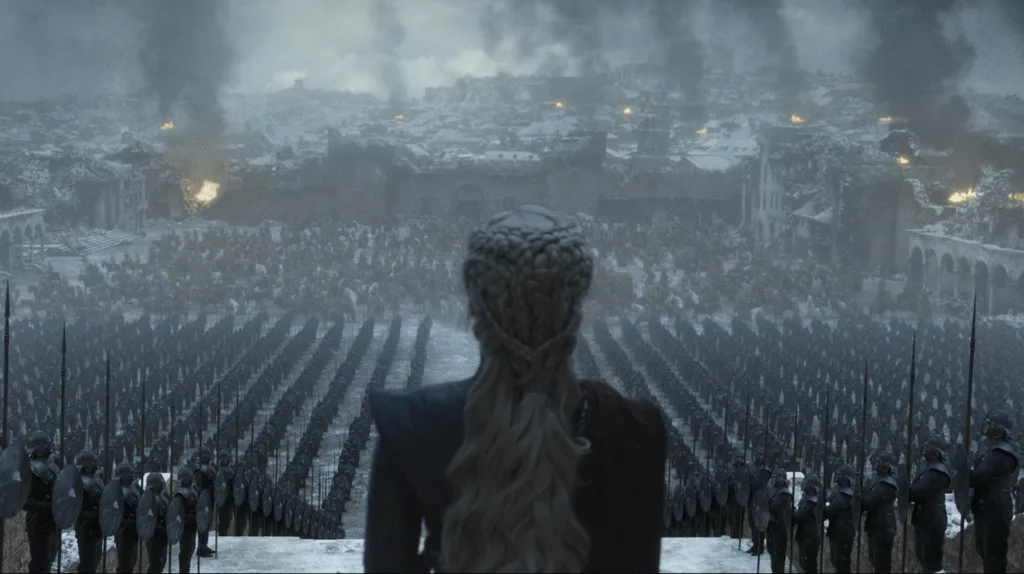 The mother of dragons looking out at her army lined up.