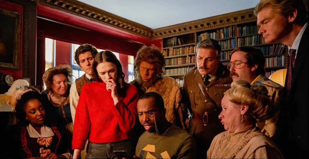 The lead characters surrounded by the ghosts.