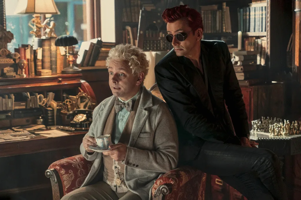 Angel and demon sitting together.