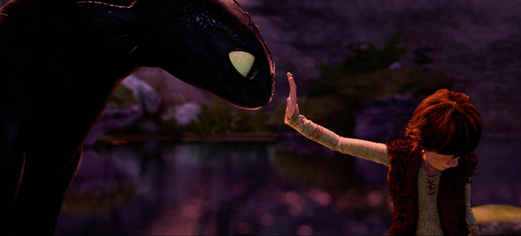 Hiccup reaching out for Toothless during their first meeting.