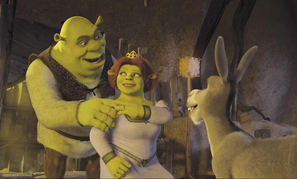Shrek and Fiona talking to Donkey in their house.