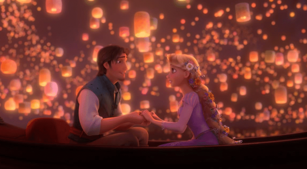 Rapunzel and Flynn in a boat surrounded by lanterns.