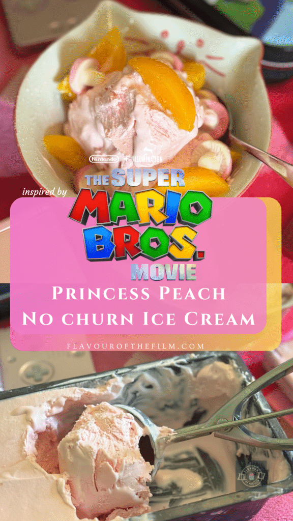 The Super Mario Bros. Movie Princess Peach ice cream pin image for Pinterest.