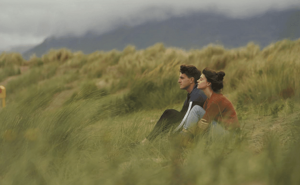 The lead characters sitting in a field together, looking out.