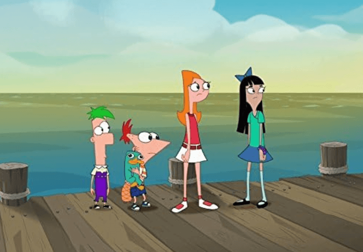 Phineas, Ferb, Candice and Stacey on the pier.