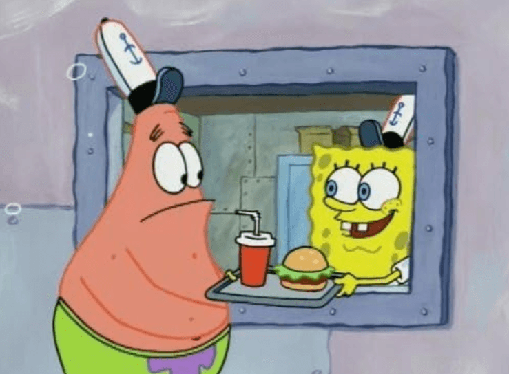 SpongeBob serving Patrick food through the cubby hole window.