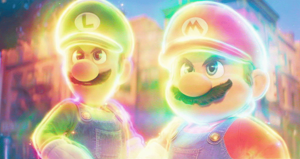 Mario and Luigi in rainbow light after accepting the star power.
