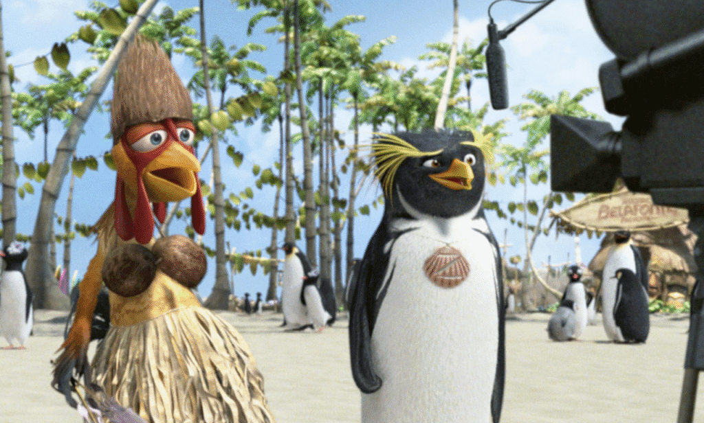 The lead character and his chicken friend being interviewed.