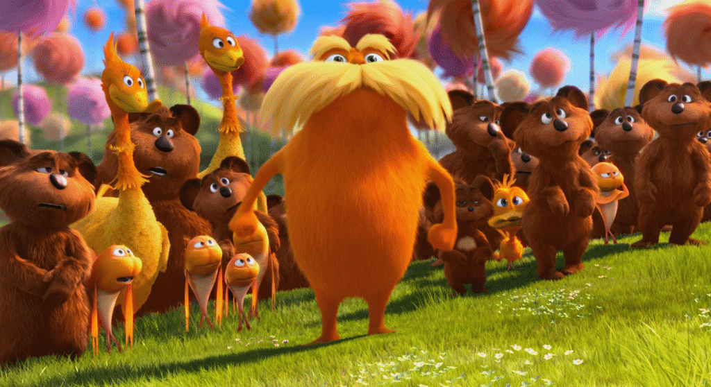 The Lorax and the forest wildlife.