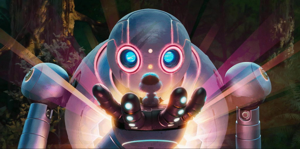 Roz the robot holding the orphaned gosling and light glowing from their connection.