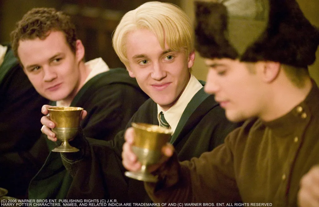 Malfoy staring at Krum in awe while they drink pumpkin juice.