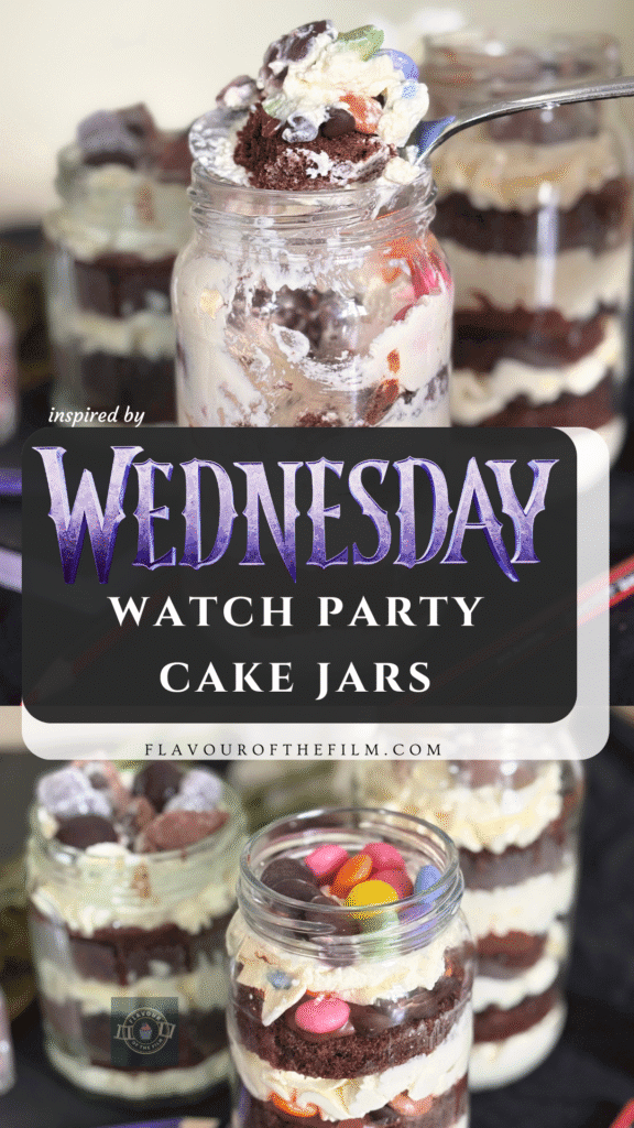 Wednesday watch party cake jars pin image for Pinterest.