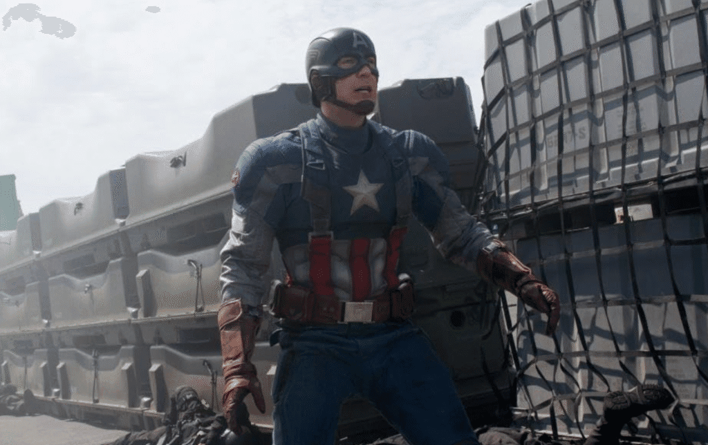 Captain America taking down soldiers on a ship.