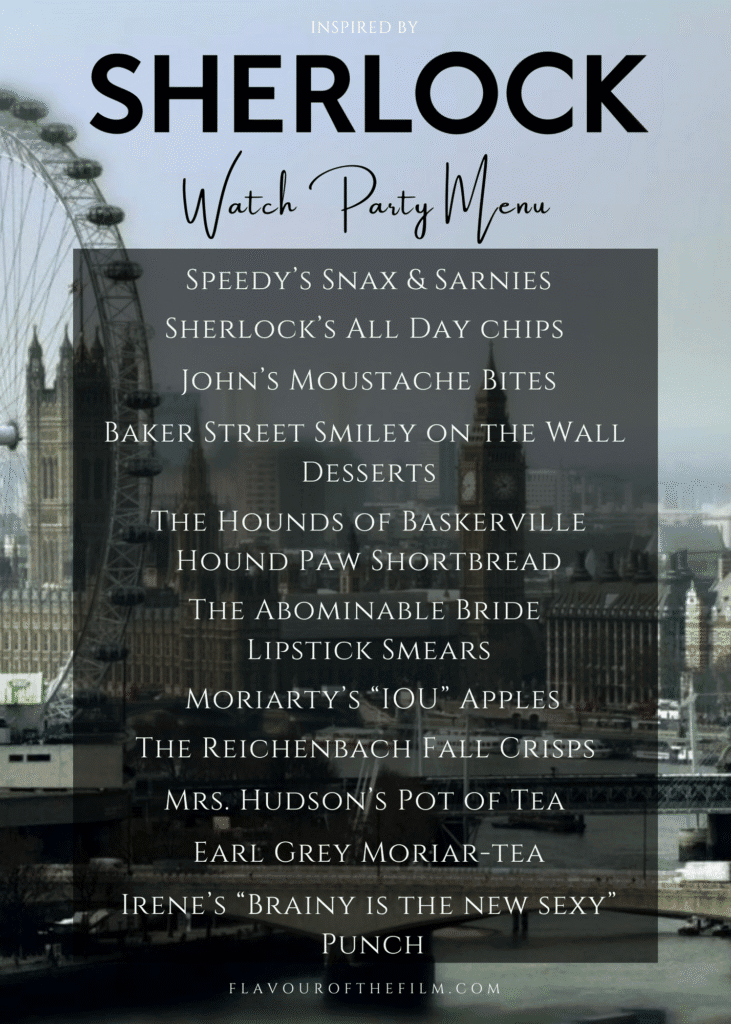 BBC Sherlock party menu graphic (text below).