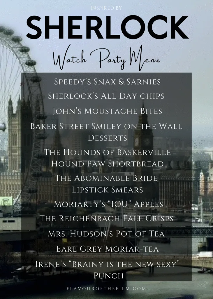 BBC Sherlock party menu graphic (text below).