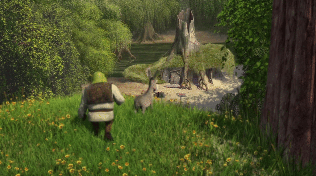 Shrek and Donkey walking to the swamp.