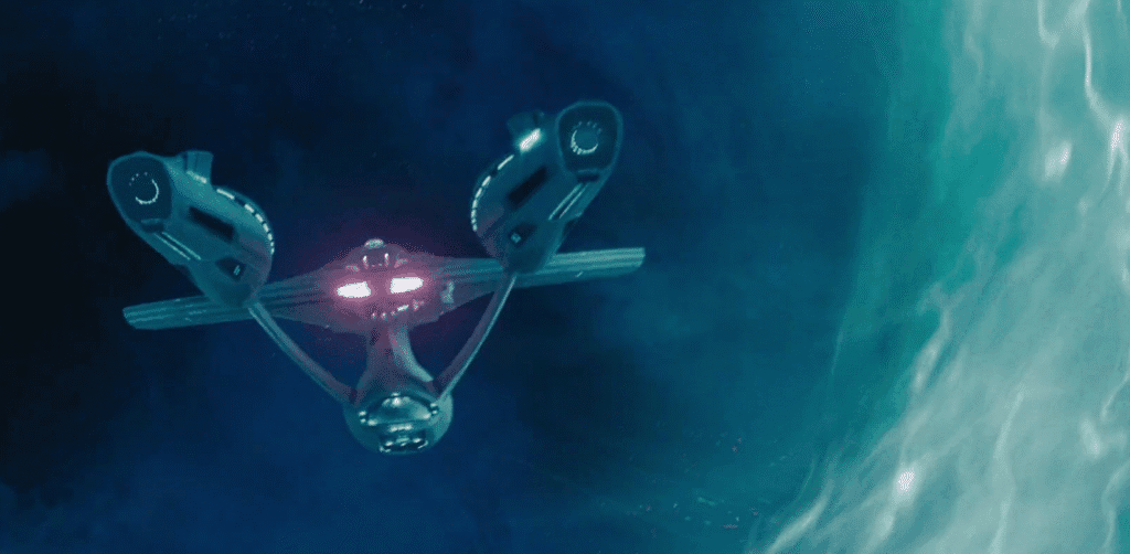 The USS Enterprise in flight.